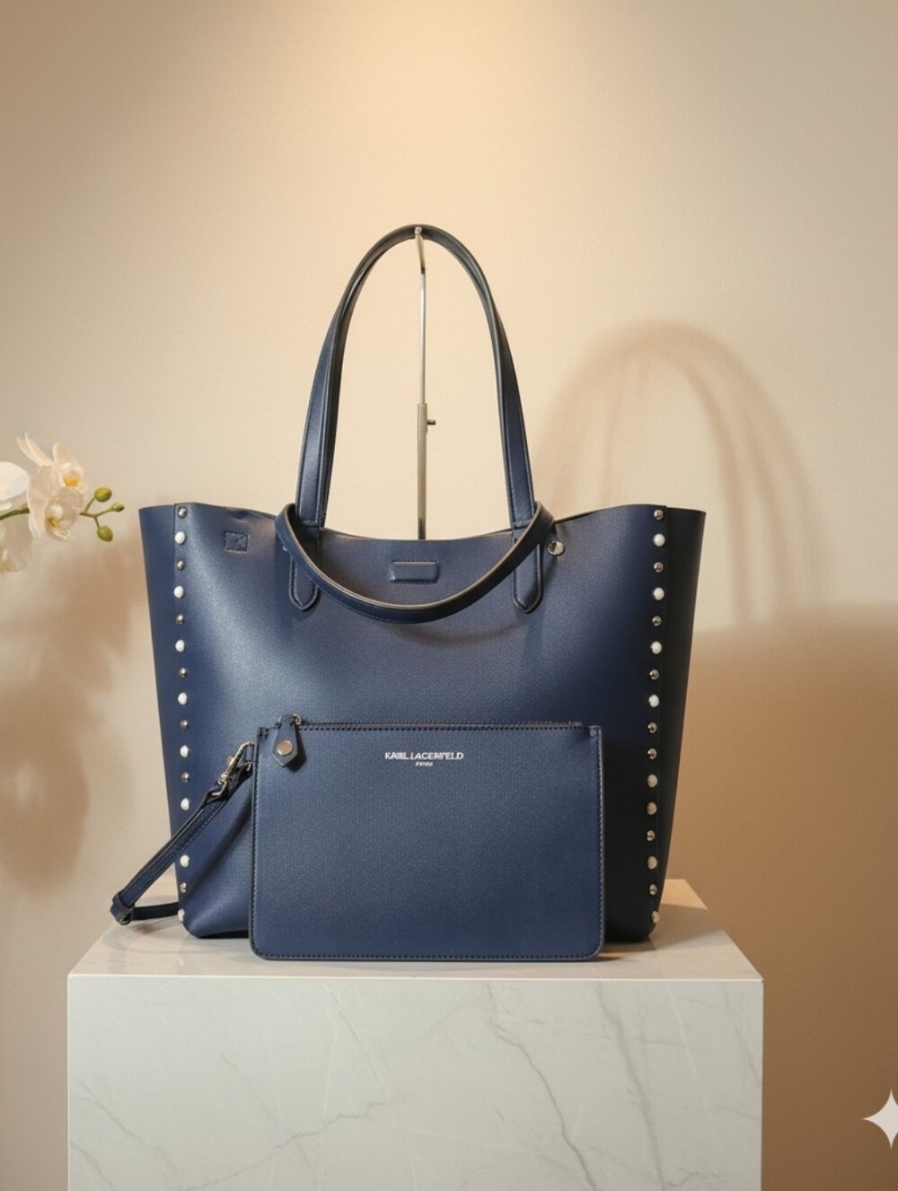 Karl Lagerfeld 💙Pre-Loved💙Navy Studded Large Tote with Wristlet Pouch